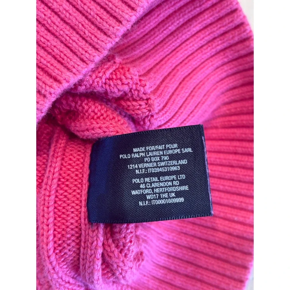 Ralph Lauren Girls Pink Cable Knit Cotton Sweater Green Pony Logo L 12/14 Peppy